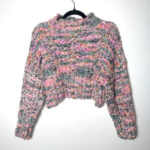 Free People Boho Pink Striped Cable Knit Cropped Sweater XS